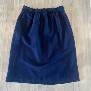 Lisa Fenton Navy Blue Elastic Waist Pencil Skirt 12 Petite Back Vent Vintage